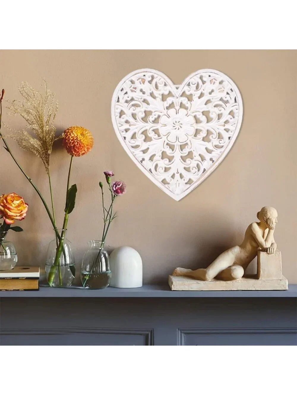 Rustic Floral Carved Wall Art Panel - Heart Shape Hanging Decor for Home